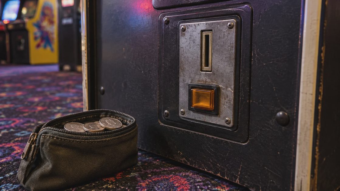 A Credit Gives the Attempt a Boundary An arcade cabinet coin slot and amber return button sit beside a small pouch holding silver coins.