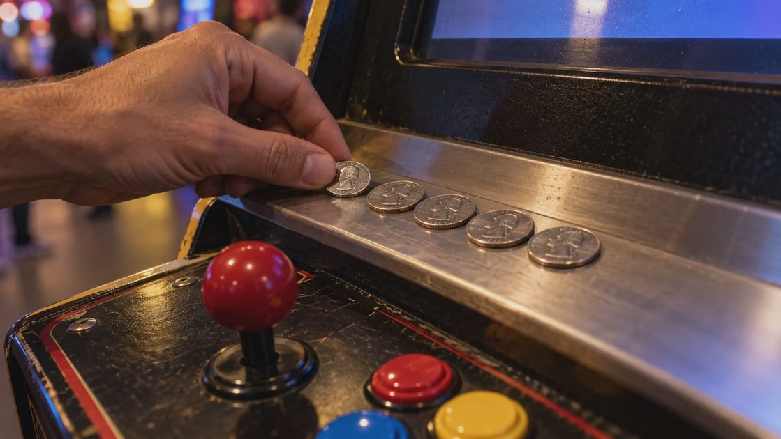 A Place in the Next-Match Queue An adult hand places a silver coin beside a row of coins on the metal ledge of an arcade cabinet.
