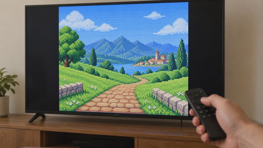 Keep the Picture in Proportion A hand holds a remote toward a television displaying pixel scenery with black bars on both sides.