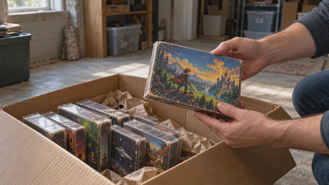 When the Collection Becomes Another Moving Box Hands lift a small protected game box from a moving carton filled with boxed games in a basement.