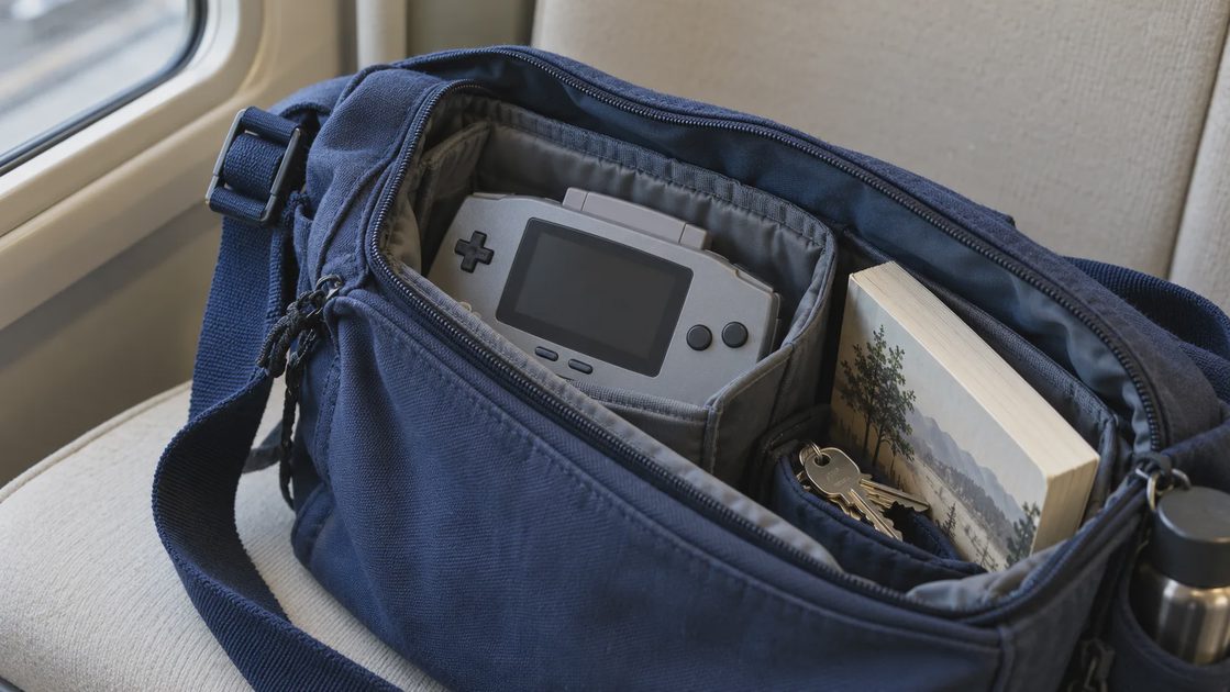 A Replay That Fits the Journey A gray handheld console with its screen off rests in a padded pocket of a navy shoulder bag beside a book and keys.