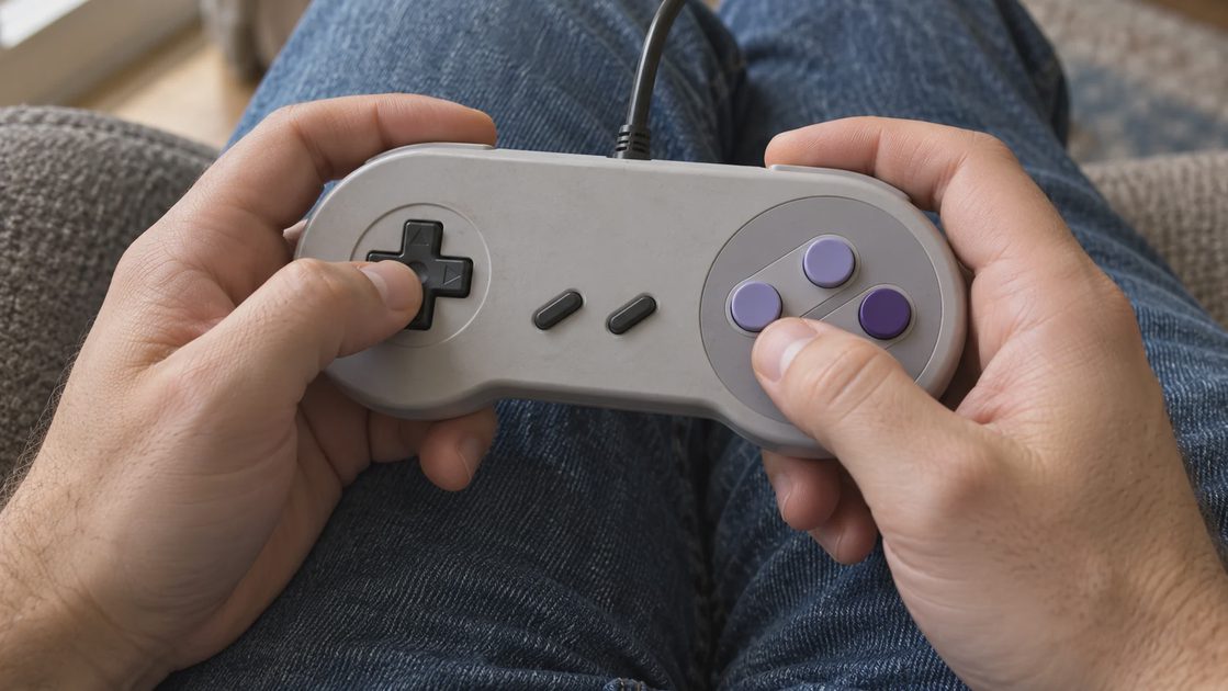 Making Each Jump Deliberate Hands hold a gray wired controller with a directional pad and four purple face buttons over a denim lap.
