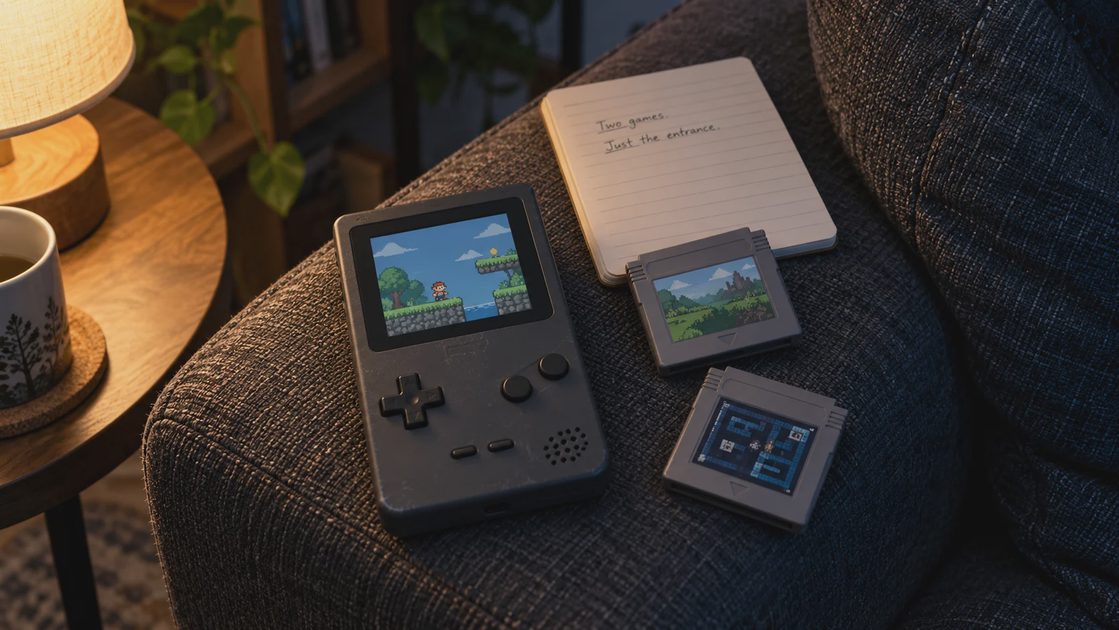 A Smaller Choice, Ready to Play A retro handheld, two game cartridges, and a small notebook sit together on a fabric sofa arm.