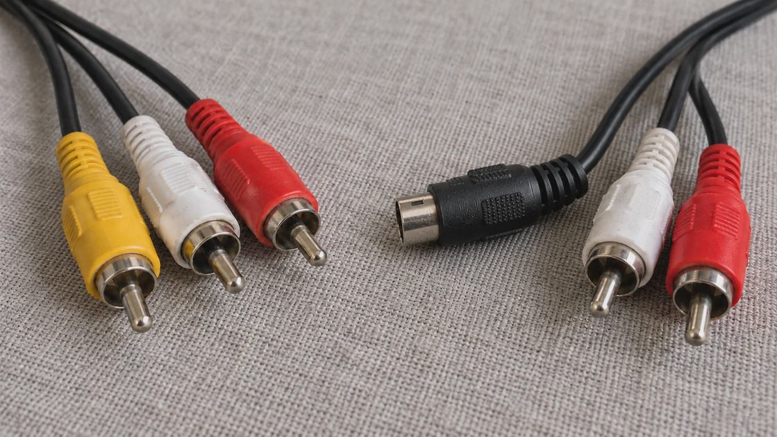 Composite and S-Video Cable Forms Yellow, white, and red RCA plugs lie beside a round black video connector and two audio plugs on gray fabric.