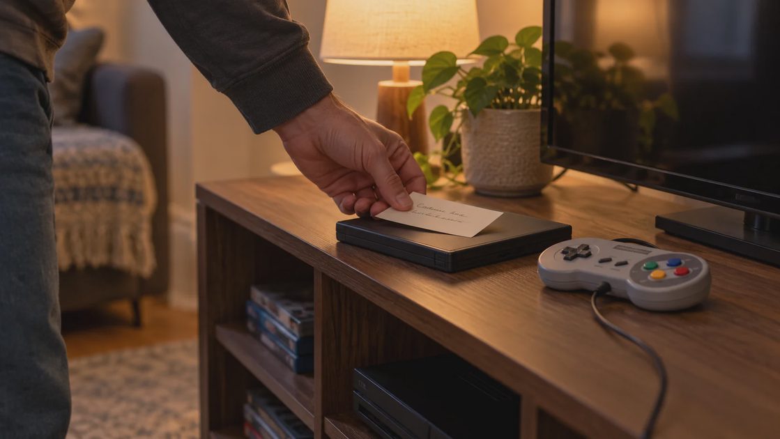 A hand places a short handwritten reminder on a game case beside a resting retro controller.