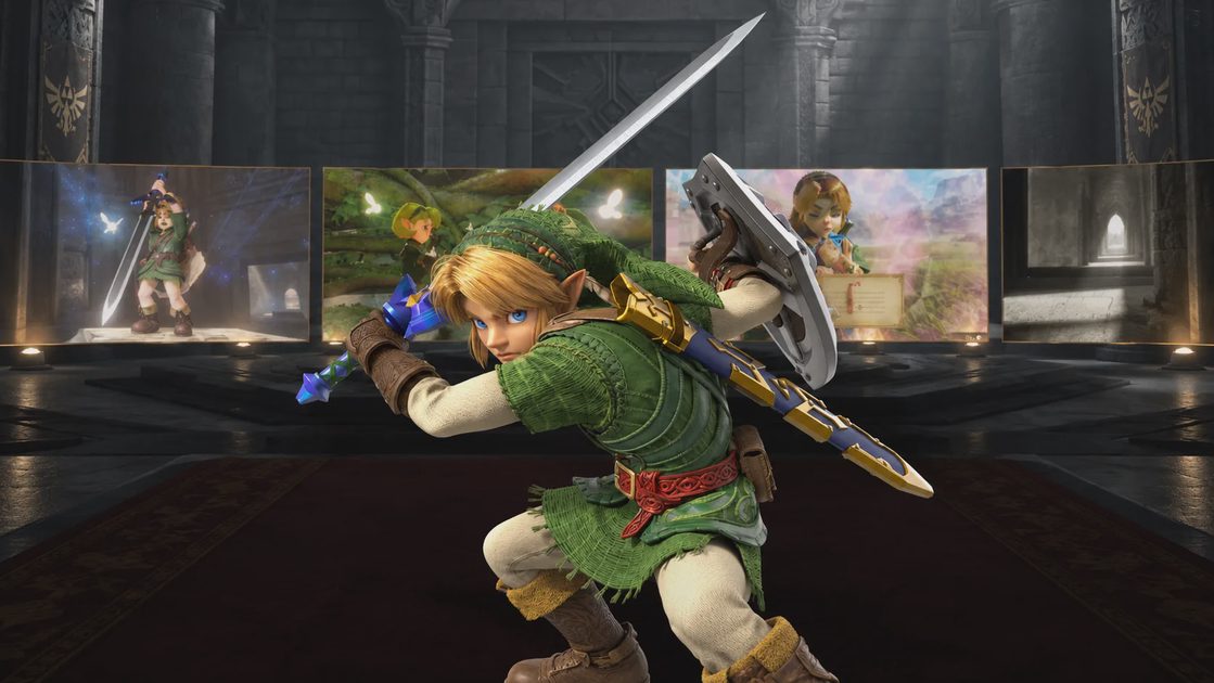 Link holding a sword and shield in a dark stone hall, with adventure scenes displayed behind him.